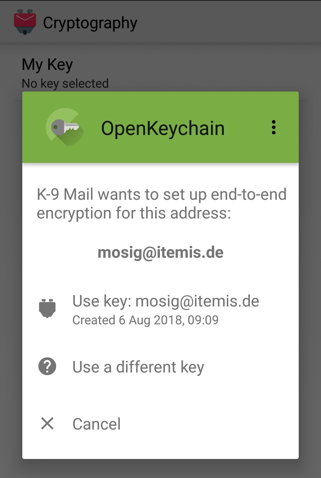 K-9 Mail – selection of private key for the e-mail account