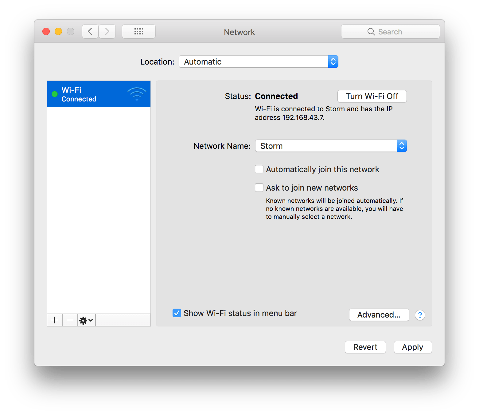 System Preference's Network pane showing the computer's IP address on a Wi-Fi network