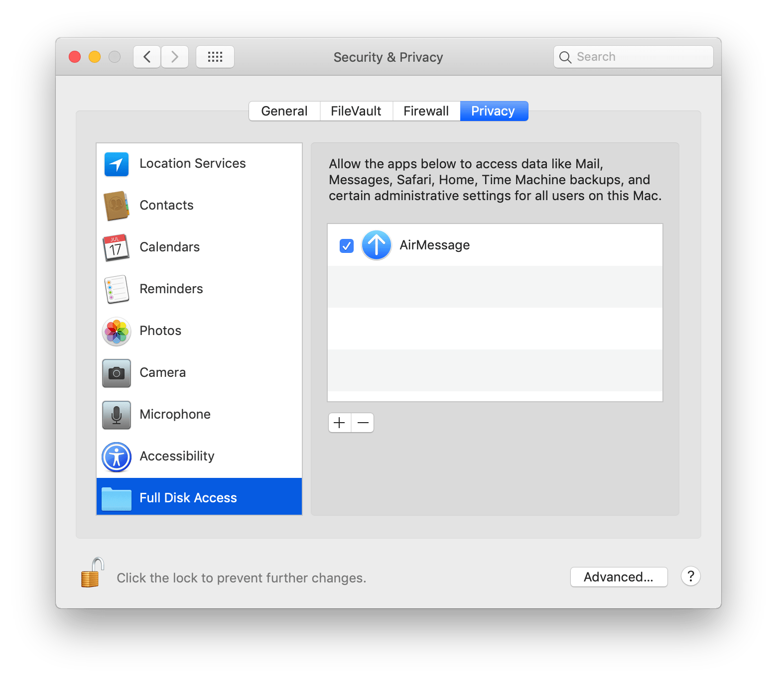 Granting AirMessage full disk access